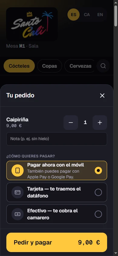 Elegir cómo pagar desde la carta de Santo Cali